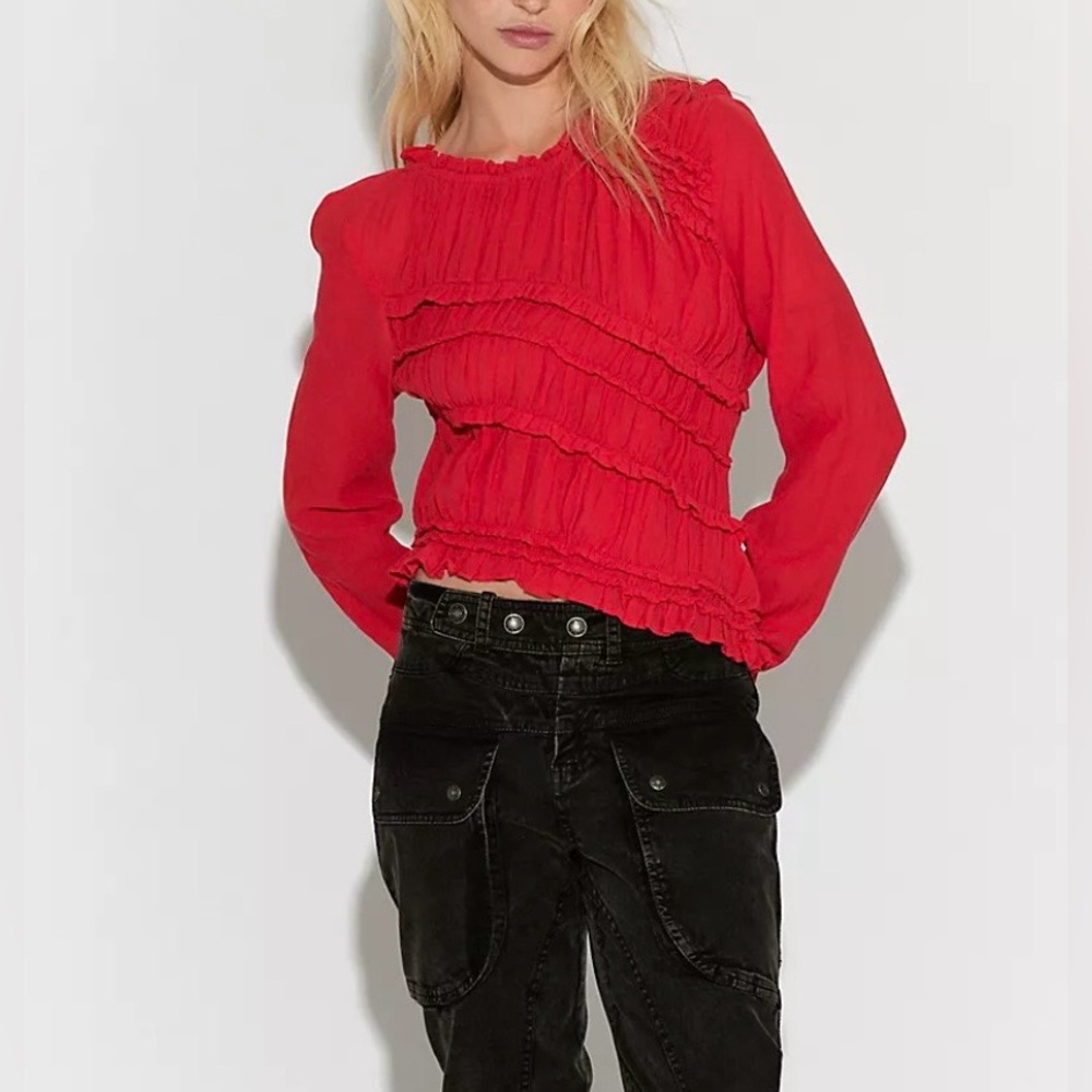 NWT Free People Pink Sands Ruched Long Sleeve Top Elegant Red Women's Top - Picture 3 of 4
